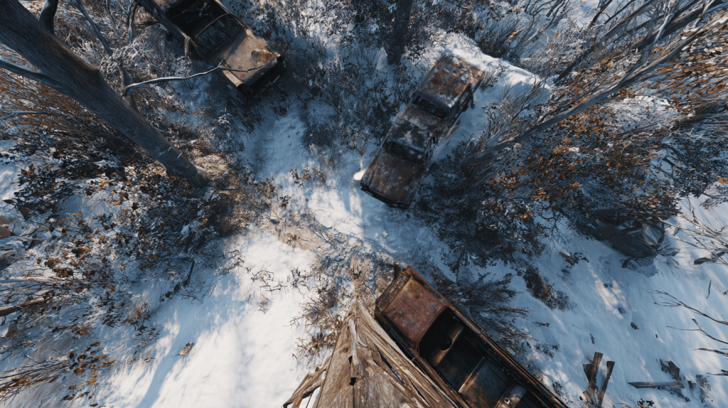 Rusted cars down below road in Winter